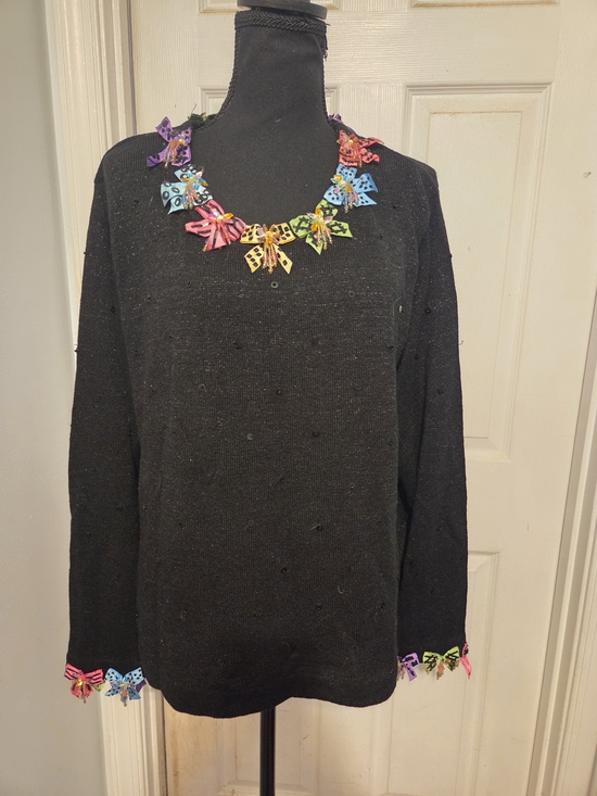 Design Options Sweaters - Black Crew Neck Sweater with Colorful Bow Accents